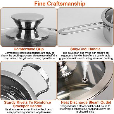 Stainless Steel Cookware Set Pots & Pans with Stockpot, Saucepan & Frying Pan