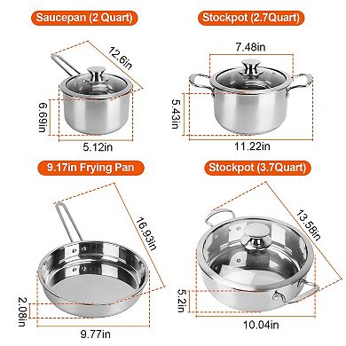 Stainless Steel Cookware Set Pots & Pans with Stockpot, Saucepan & Frying Pan