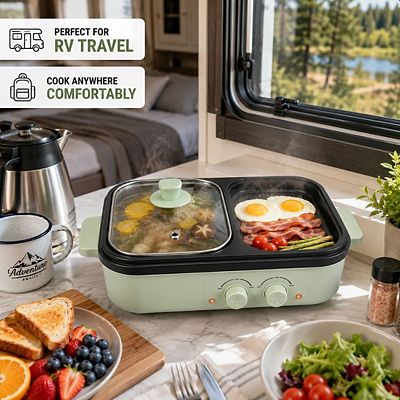2-in-1 Electric Hot Pot & Grill Non-Stick Cooker with Glass Lid for 12