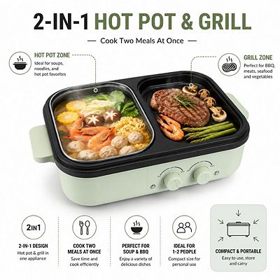 Electric Hot Pot 二つの調理エリア 2-in-1 Electric Hot Pot & Grill Non-Stick Cooker with Glass Lid for 12