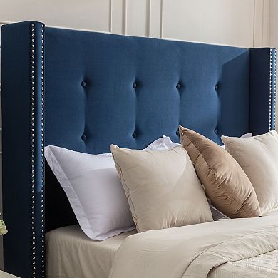 GOMYHOME Upholstered Queen Bed, Blue Velvet with 54" Tufted Headboard