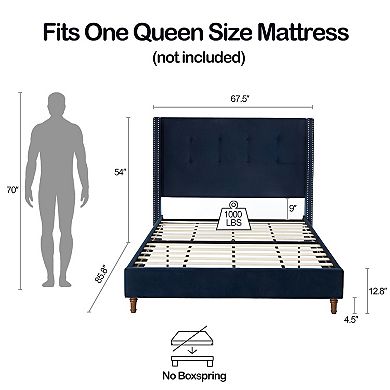 GOMYHOME Upholstered Queen Bed, Blue Velvet with 54" Tufted Headboard