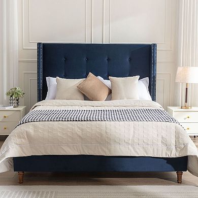 GOMYHOME Upholstered Queen Bed, Blue Velvet with 54" Tufted Headboard