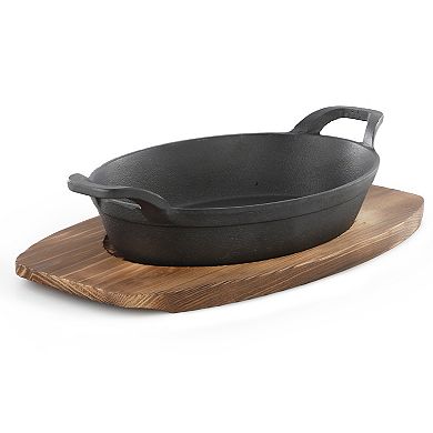 Mini Cast Iron Oval Pan with Wood Tray