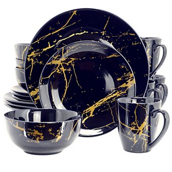 Fine Marble 16 pc Ceramic Dinnerware Set in Dark Blue with Gold Veining