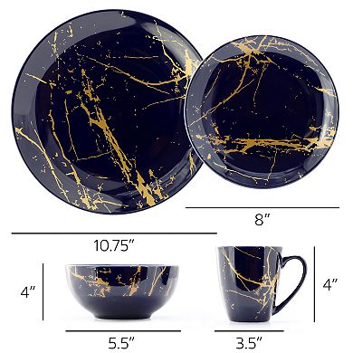 Fine Marble 16 Piece Ceramic Dinnerware Set in Dark Blue with Gold Veining