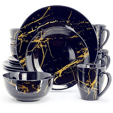 Fine Marble 16 Piece Ceramic Dinnerware Set in Dark Blue with Gold Veining