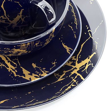 Fine Marble 16 Piece Ceramic Dinnerware Set in Dark Blue with Gold Veining