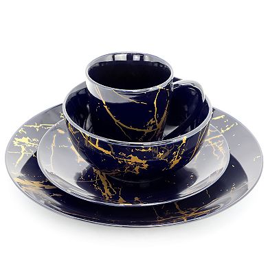 Fine Marble 16 Piece Ceramic Dinnerware Set in Dark Blue with Gold Veining
