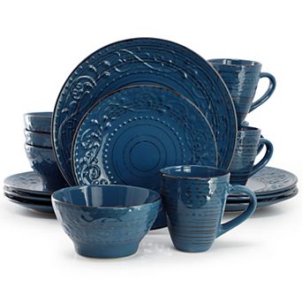 Malibu Sea Glass 16 pc Stoneware Dinnerware Set in Dark Blue