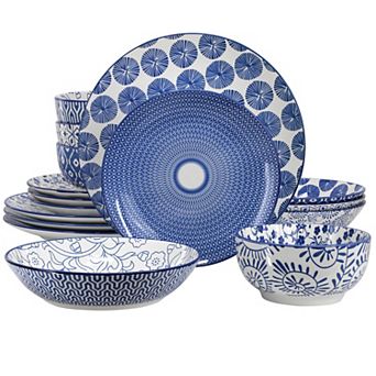 Aurora 16 pc Assorted Porcelain Double Bowl Dinnerware Set in Blue