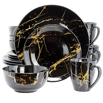 Fine Marble 16 pc Porcelain Dinnerware Set in Black with Gold Veins