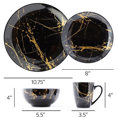 Fine Marble 16 Piece Porcelain Dinnerware Set in Black with Gold Veins