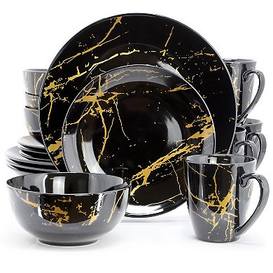 Fine Marble 16 Piece Porcelain Dinnerware Set in Black with Gold Veins
