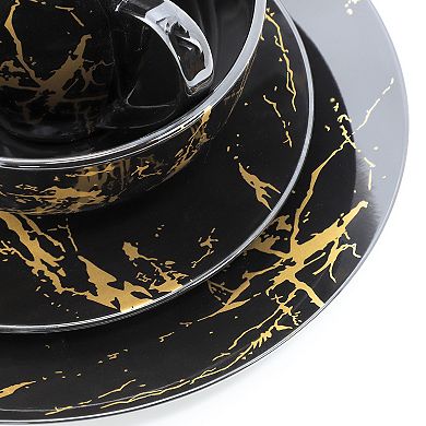 Fine Marble 16 Piece Porcelain Dinnerware Set in Black with Gold Veins