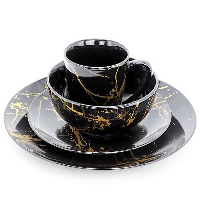 Fine Marble 16 Piece Porcelain Dinnerware Set in Black with Gold Veins