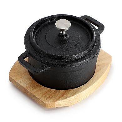 Cast Iron 8 Ounce Mini Dutch Oven with Wood Tray