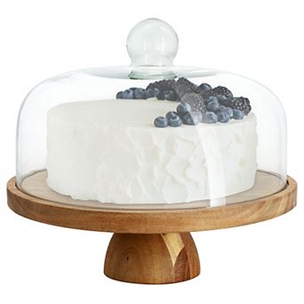 Elama Acacia Wood Multi-Function Cake Stand with Glass Dome Lid
