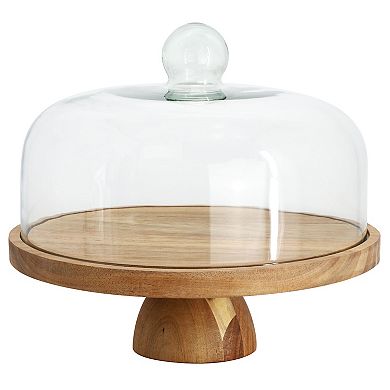 Elama Acacia Wood Multi-Function Cake Stand with Glass Dome Lid