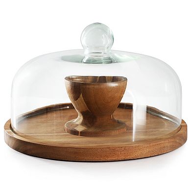 Elama Acacia Wood Multi-Function Cake Stand with Glass Dome Lid