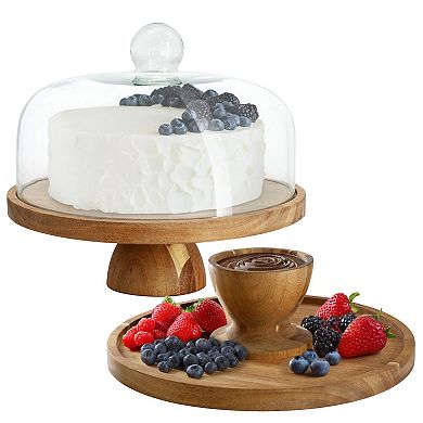 Elama Acacia Wood Multi-Function Cake Stand with Glass Dome Lid