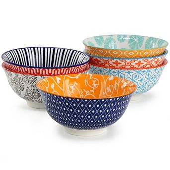 Roxey 6 pc Assorted Design 20oz Porcelain Footed Bowl Set in Multicolor