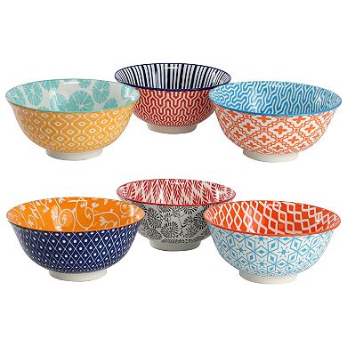 Roxey 6 Piece Assorted Design 20oz Porcelain Footed Bowl Set in Multicolor