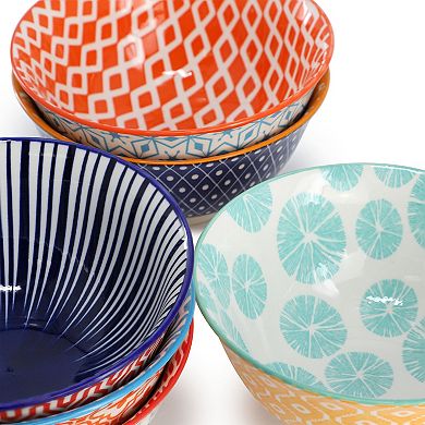 Roxey 6 Piece Assorted Design 20oz Porcelain Footed Bowl Set in Multicolor