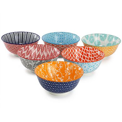 Roxey 6 Piece Assorted Design 20oz Porcelain Footed Bowl Set in Multicolor