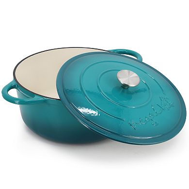 6.35 Quart Round Enameled Cast Iron Dutch Oven with Self Basting Lid in Teal