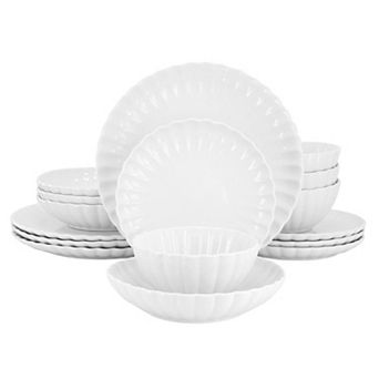 Jane 16 pc Scalloped Double Bowl Porcelain Dinnerware Set in White
