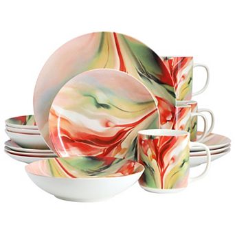 Autumn Storm 16 pc Abstract Design Round Porcelain Dinnerware Set in Multicolor