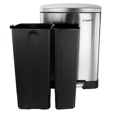 2 Compartment Large 10.6 Gallon Split Stainless Steel Step Trash Bin with Slow Close Mechanism