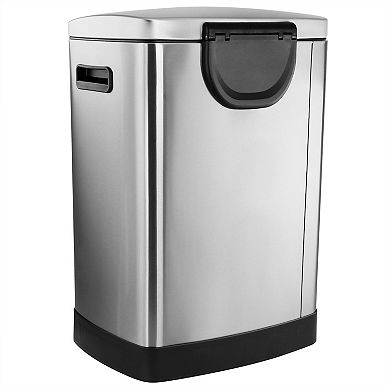 2 Compartment Large 10.6 Gallon Split Stainless Steel Step Trash Bin with Slow Close Mechanism