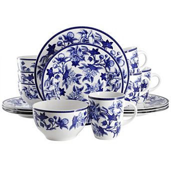 Cattleya Orchid 16 pc Round Porcelain Dinnerware Set in Blue and White