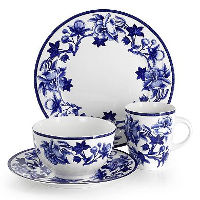 Cattleya Orchid 16 Piece Round Porcelain Dinnerware Set in Blue and White