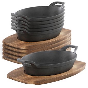 6 pc Mini Cast Iron Oval Pan with Wood Tray Set