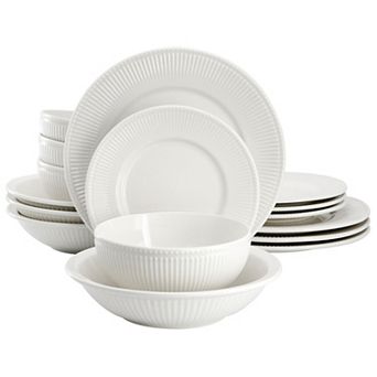 Kate 16 pc Textured Trim Double Bowl Porcelain Dinnerware Set in White