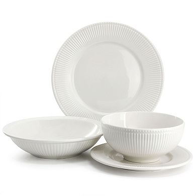 Kate 16 Piece Textured Trim Double Bowl Porcelain Dinnerware Set in White