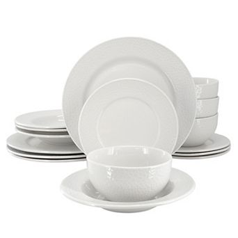 Soyer 16 pc Textured Design Double Bowl Porcelain Dinnerware Set in White