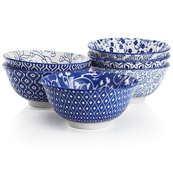 Moxy 6 pc Assorted Design 20oz Porcelain Footed Bowl Set in Blue