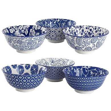 Moxy 6 Piece Assorted Design 20oz Porcelain Footed Bowl Set in Blue