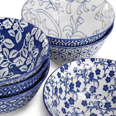 Moxy 6 Piece Assorted Design 20oz Porcelain Footed Bowl Set in Blue