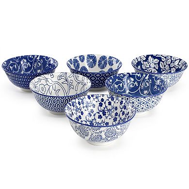 Moxy 6 Piece Assorted Design 20oz Porcelain Footed Bowl Set in Blue