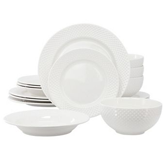 Kim 16 pc Hobnail Double Bowl Porcelain Dinnerware Set in White