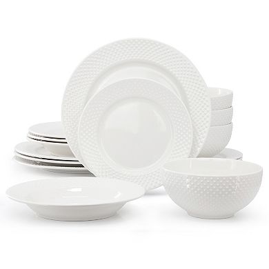 Kim 16 Piece Hobnail Double Bowl Porcelain Dinnerware Set in White