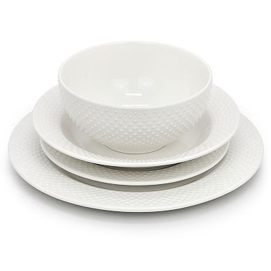 Kim 16 Piece Hobnail Double Bowl Porcelain Dinnerware Set in White