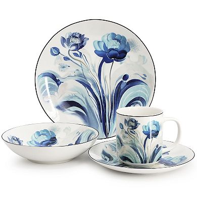 Peony Garden 16 Piece Floral Design Round Porcelain Dinnerware Set in Blue