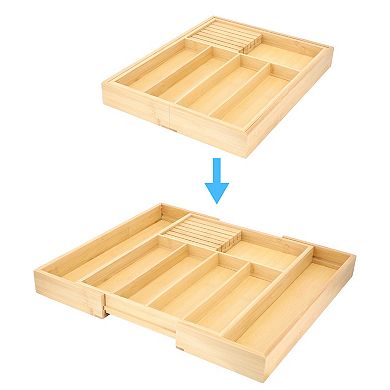Elama Adjustable Bamboo Drawer Storage and Organization Tray with Removable Knife Block