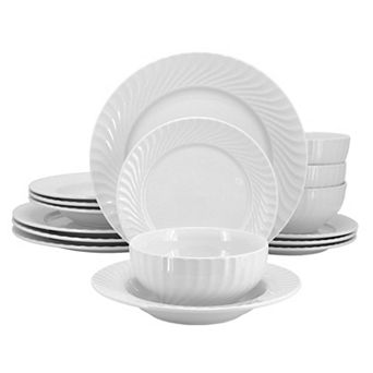 Julia 16 pc Scalloped Double Bowl Porcelain Dinnerware Set in White